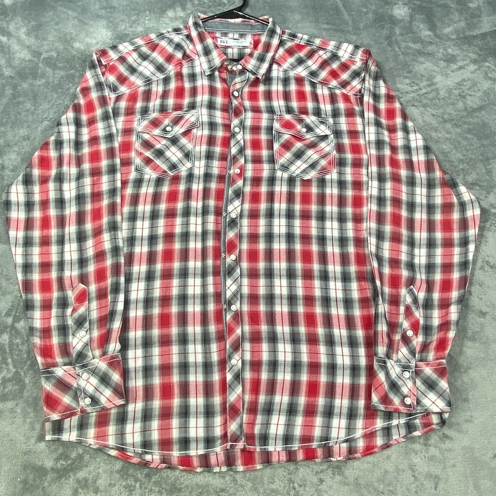 BKE Athletic Fit Shirt Mens 2XL Red Plaid Long Sleeve Western Pearl Snap Twill